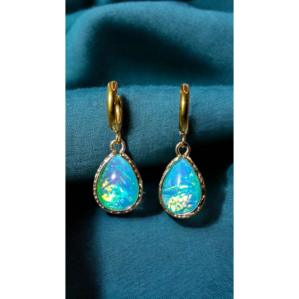Blue Green Opalescent Teardrop Gold Ion-plated Huggie Earrings